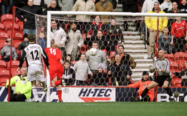 26 Jan 2002:  Andy Campbell of Middlesbrough scores the second goal during the Middlesbrough v Manchester United AXA FA Cup fourth round match at t...