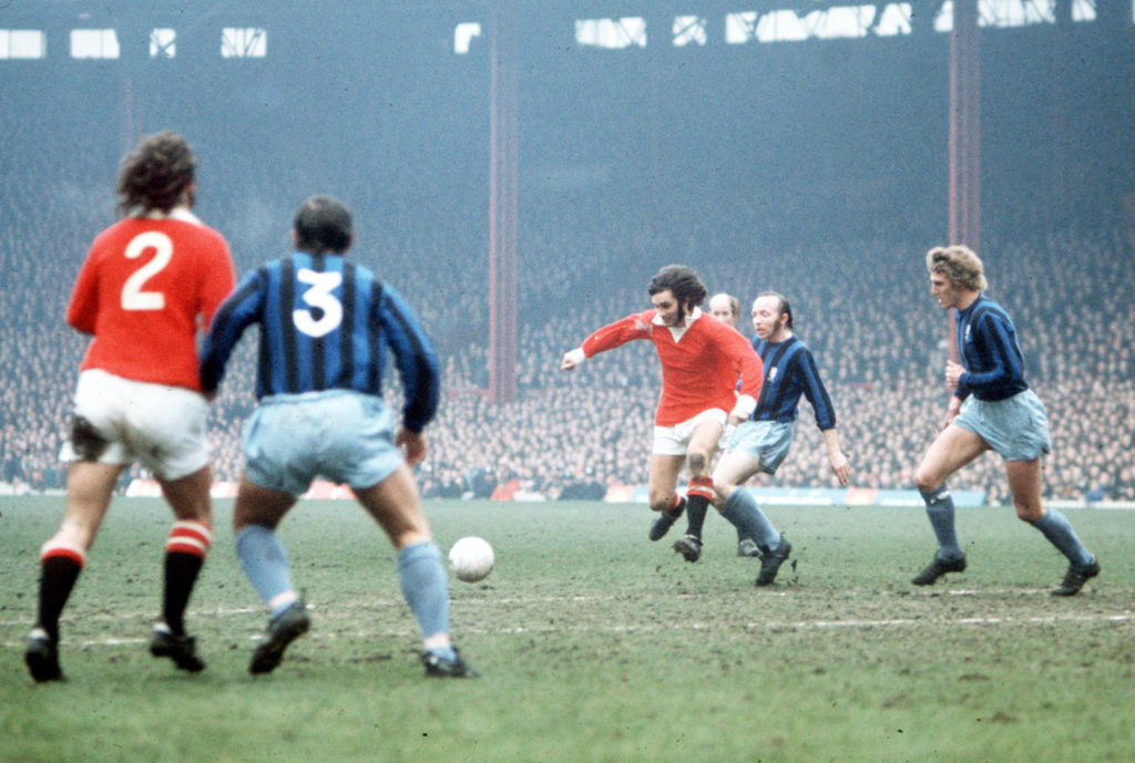 Football. 26th February, 1972. Manchester United+s George Best is closely marked by Middlesborough's Nobby Stiles.